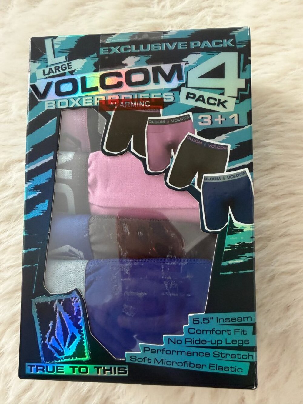 VOLCOM Men's 4 Pack Microfiber Boxer Briefs 5.5" Inseam NO Ride-Up Legs LARGE